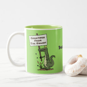 Happy green cartoon crocodile with sign cartoon Two-Tone coffee mug