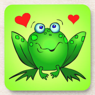 Happy Green Cartoon Frog Love Hearts Coaster