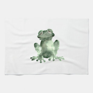 Happy green frog white kitchen towel frogs