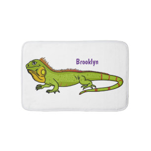 Happy green iguana cartoon illustration bath mat