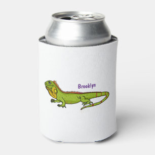 Happy green iguana cartoon illustration can cooler