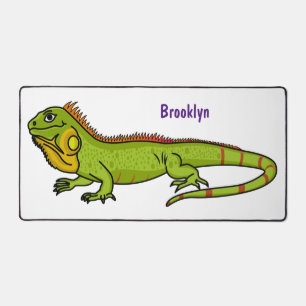 Happy green iguana cartoon illustration desk mat