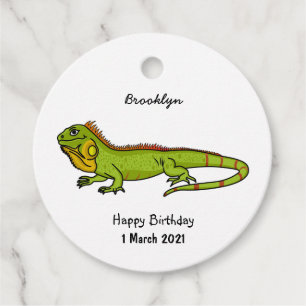 Happy green iguana cartoon illustration favour tags