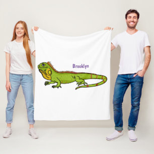 Happy green iguana cartoon illustration fleece blanket