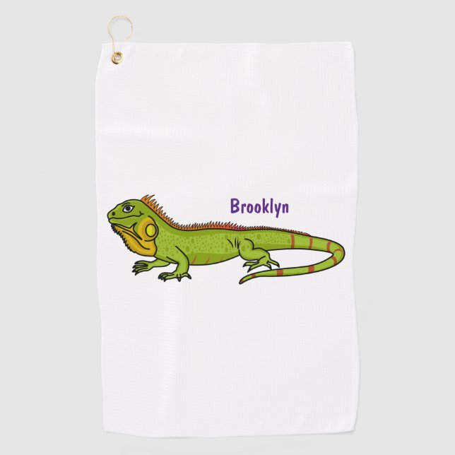 Happy green iguana cartoon illustration golf towel (Front)
