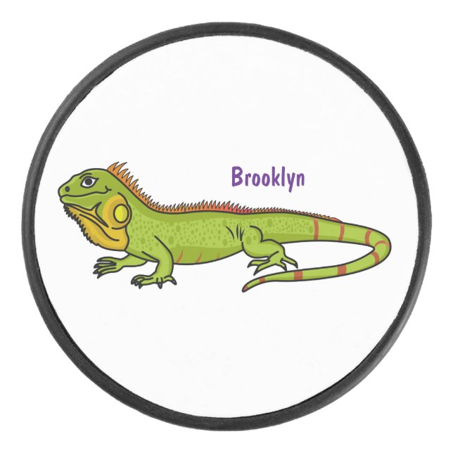 Happy green iguana cartoon illustration hockey puck (Front)