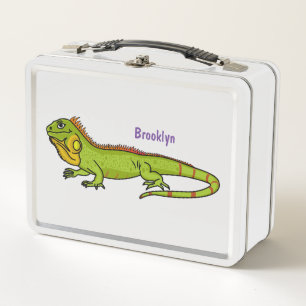 Happy green iguana cartoon illustration metal lunch box