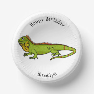Happy green iguana cartoon illustration paper plate