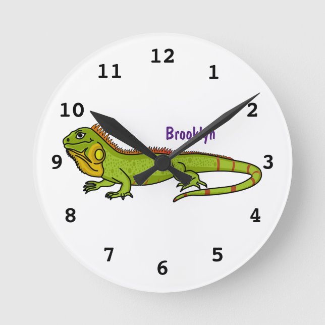 Happy green iguana cartoon illustration round clock (Front)