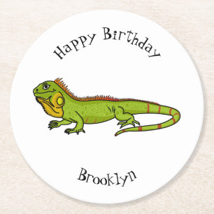 Happy green iguana cartoon illustration round paper coaster