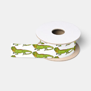 Happy green iguana cartoon illustration satin ribbon
