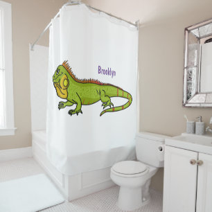 Happy green iguana cartoon illustration  shower curtain