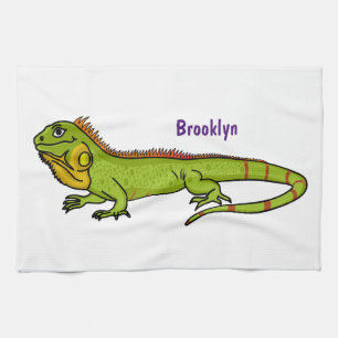 Happy green iguana cartoon illustration tea towel