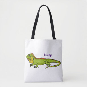 Happy green iguana cartoon illustration tote bag