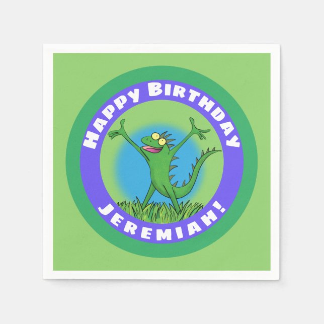 Happy green smiling animated iguana lizard napkin (Front)