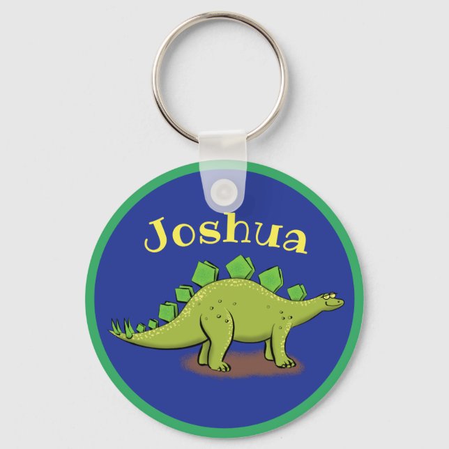 Happy green stegosaurus dinosaur cartoon key ring (Front)