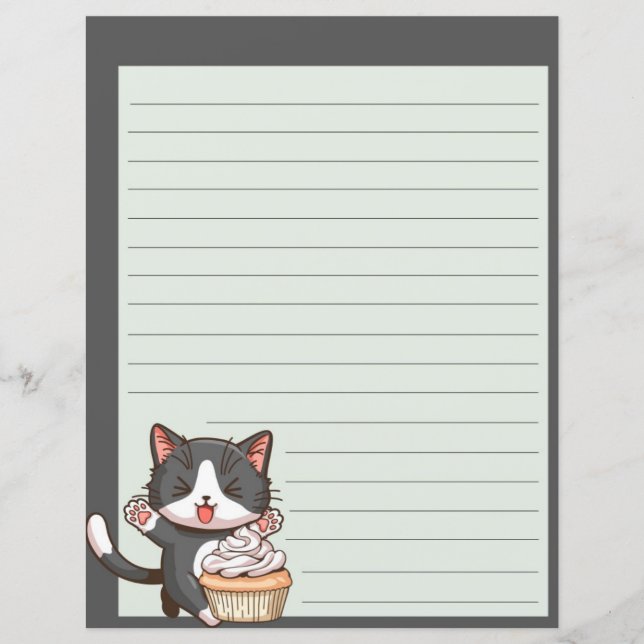 Happy grey cat with cupcake, lined writing paper (Front)