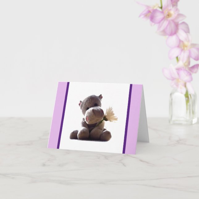 Happy Grey Hippo Holding Daisy, Cute Love Photo Card (Orchid)