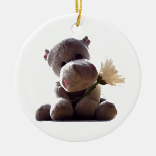 Happy Grey Hippo Holding Daisy, Cute Love Photo Ceramic Tree Decoration