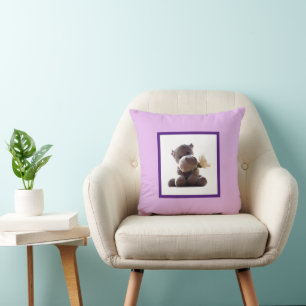 Happy Grey Hippo Holding Daisy, Cute Love Photo Cushion