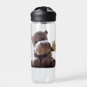Happy Grey Hippo Holding Daisy, Cute Love Photo Water Bottle