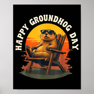 Happy Ground Hog Vintage Sunset Groundhog Day Anim Poster