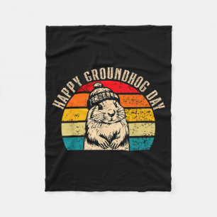 Happy Groundhog Day 2025 Woodchuck Vintage  Fleece Blanket
