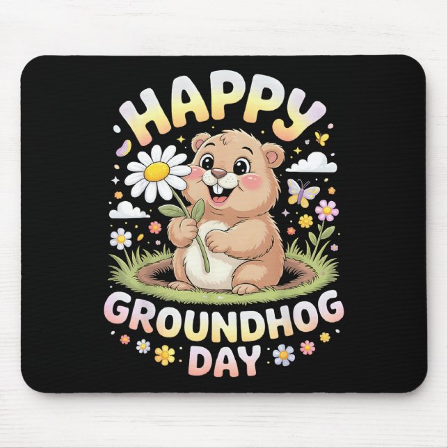 Happy Groundhog Day 2026 Cute Groundhog With Flowe Mouse Pad (Front)