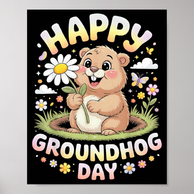 Happy Groundhog Day 2026 Cute Groundhog With Flowe Poster (Front)