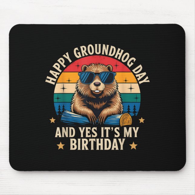Happy Groundhog Day Birthday Funny Retro Sunset Vi Mouse Pad (Front)