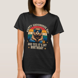 Happy Groundhog Day Birthday Funny Retro Sunset Vi T-Shirt