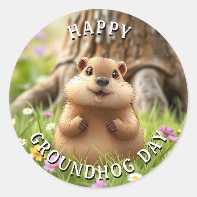 Happy Groundhog Day | Cute Woodchuck Classic Round Sticker (Front)