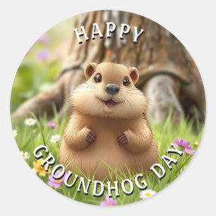 Happy Groundhog Day   Cute Woodchuck Classic Round Sticker