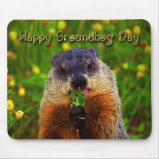 Happy Groundhog Day Eating Flower Mouse Pad