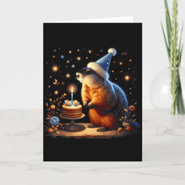 Happy Groundhog Day Ground Hog With Birthday Cake  Card (Front)