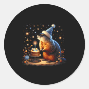 Happy Groundhog Day Ground Hog With Birthday Cake  Classic Round Sticker