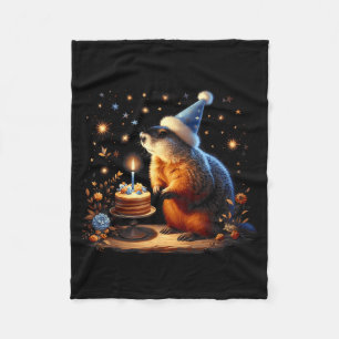 Happy Groundhog Day Ground Hog With Birthday Cake  Fleece Blanket