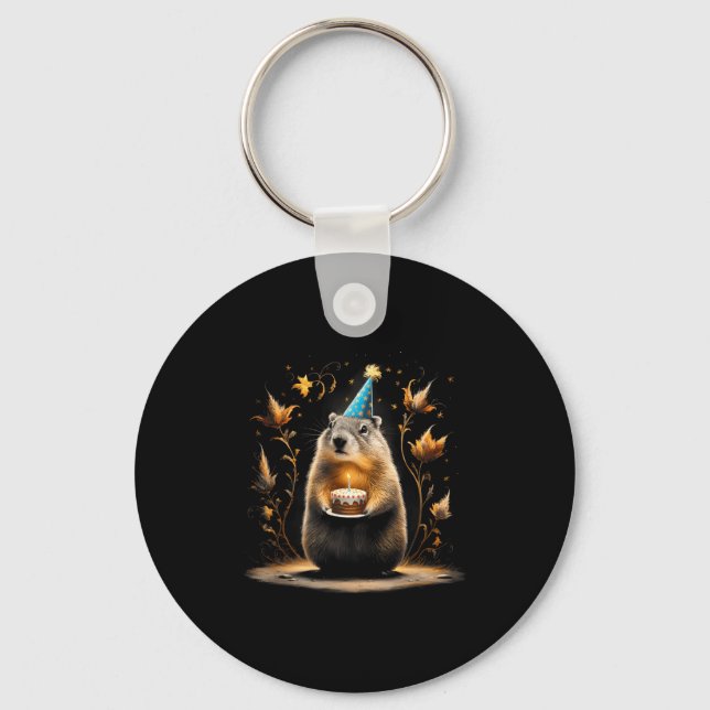 Happy Groundhog Day Ground Hog With Birthday Cake  Key Ring (Front)