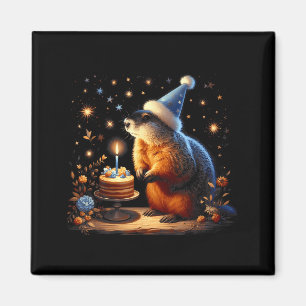 Happy Groundhog Day Ground Hog With Birthday Cake  Magnet