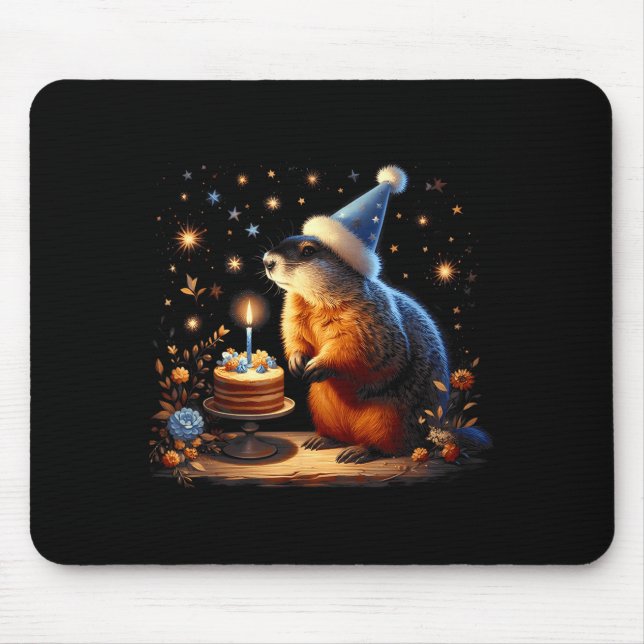 Happy Groundhog Day Ground Hog With Birthday Cake  Mouse Pad (Front)