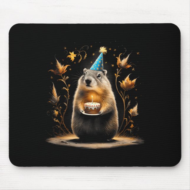 Happy Groundhog Day Ground Hog With Birthday Cake  Mouse Pad (Front)