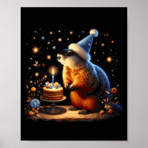 Happy Groundhog Day Ground Hog With Birthday Cake Poster