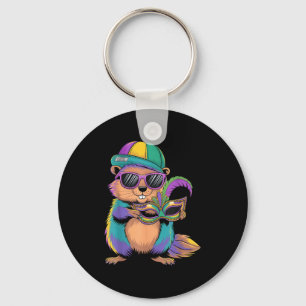Happy Groundhog Day Groundhog With Mardi Gras Mask Key Ring