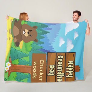 happy groundhog day in woods fleece blanket