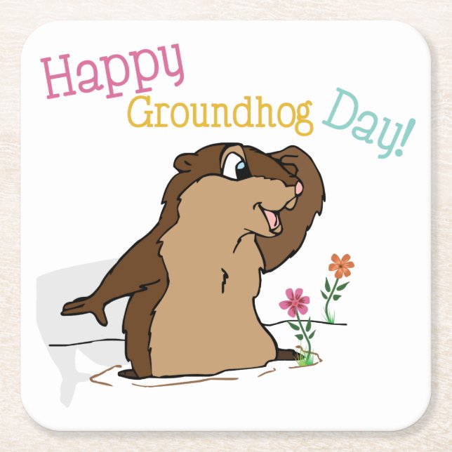 Happy Groundhog Day Square Paper Coaster (Front)
