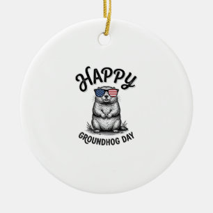 Happy Groundhog Day Vintage Engraving Shirt Design Ceramic Tree Decoration