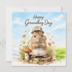 Happy Groundhog Day Watercolor Greeting Holiday Card