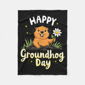 Happy Groundhog Day With Flower _1  Fleece Blanket
