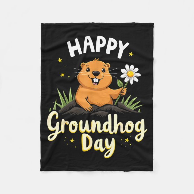 Happy Groundhog Day With Flower _1  Fleece Blanket (Front)
