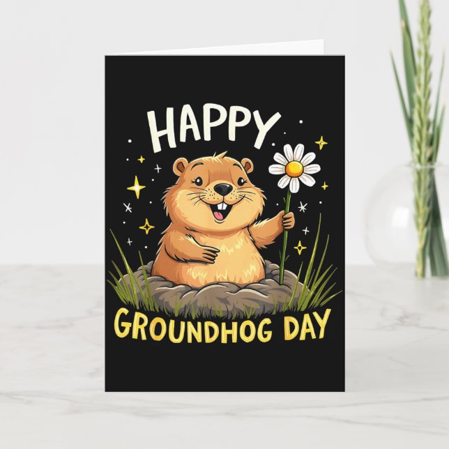 Happy Groundhog Day With Flower  Card (Front)